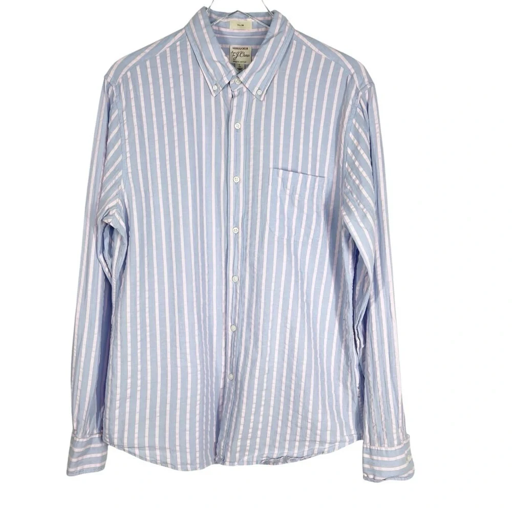 J.CREW Seersucker Lightweight Striped Long Sleeve Button Down Shirt Slim Large